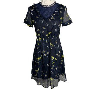 EzPopsy Floral Skater Dress S Blue Sheer Lined Lace Side Zip Elastic Waist 26PE